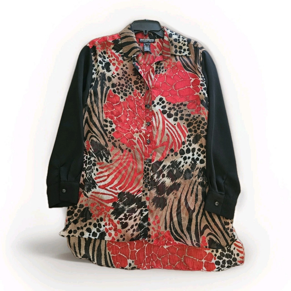 Mishca Top Womens Medium Black Red Gold Sheer Event Dressy Holidays Glam Size M